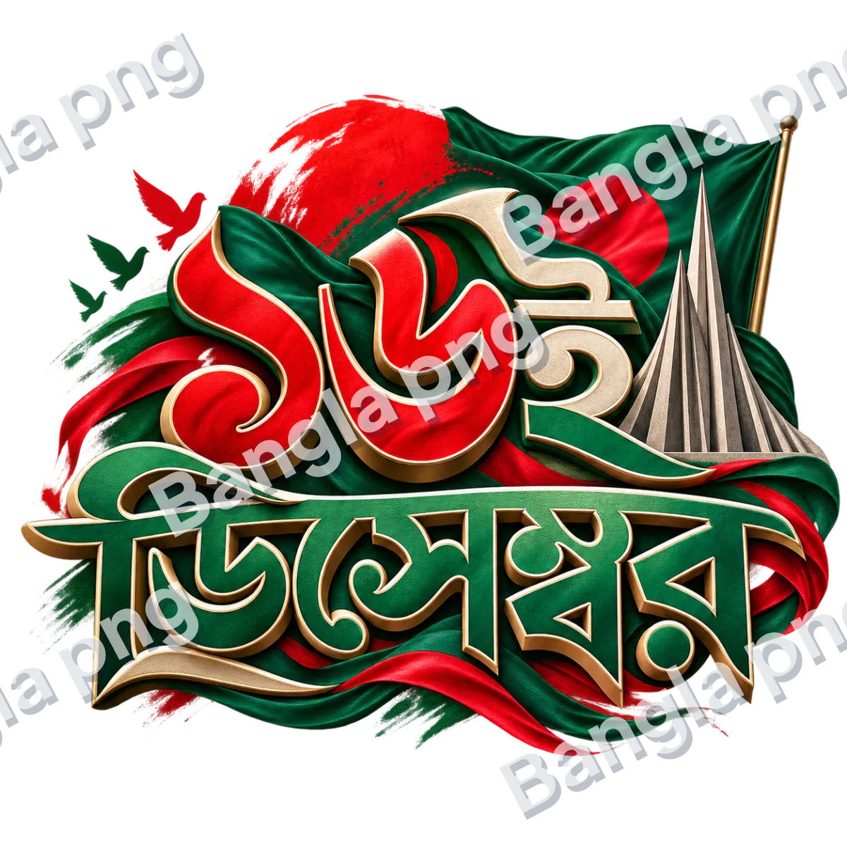 16 December Bengali typography PNG with red and green 3D lettering, Bangladesh national flag, and Martyrs’ Memorial-inspired monument.