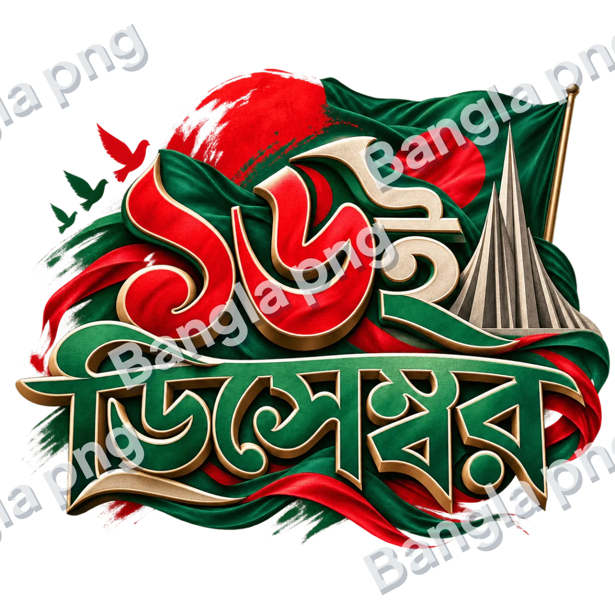 16 December Victory Day Bengali typography PNG with red and green 3D lettering, Bangladesh flag, golden accents, and National Martyrs’ Memorial-inspir