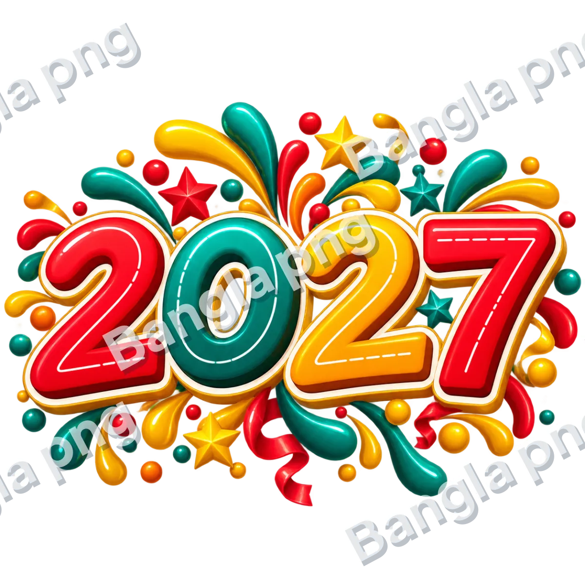 Colorful glossy 3D 2027 New Year numbers PNG with red, teal, and golden lettering, decorative stars, ribbons, and transparent background.