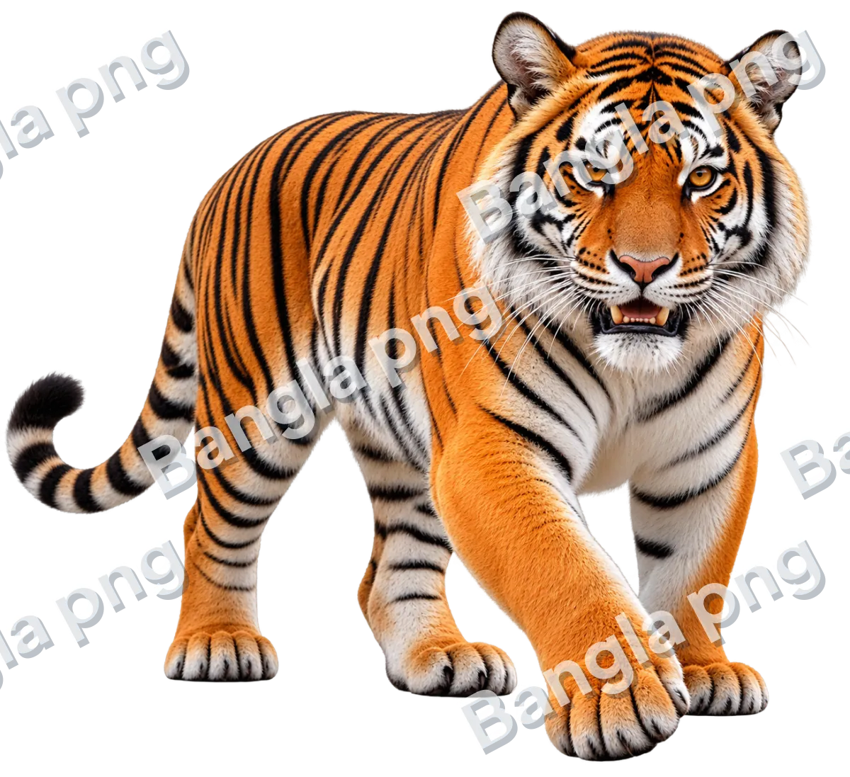 Realistic Bengal tiger PNG with orange fur, black stripes, amber eyes, and isolated transparent background.