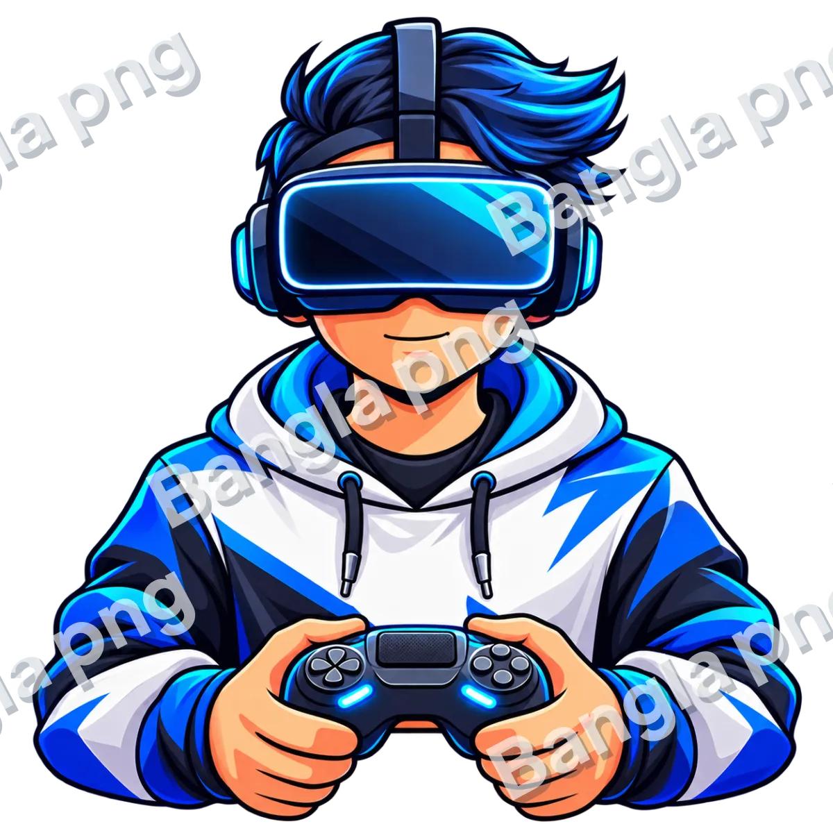 Blue and white VR gamer character wearing a virtual reality headset and holding a gaming controller PNG with transparent background.