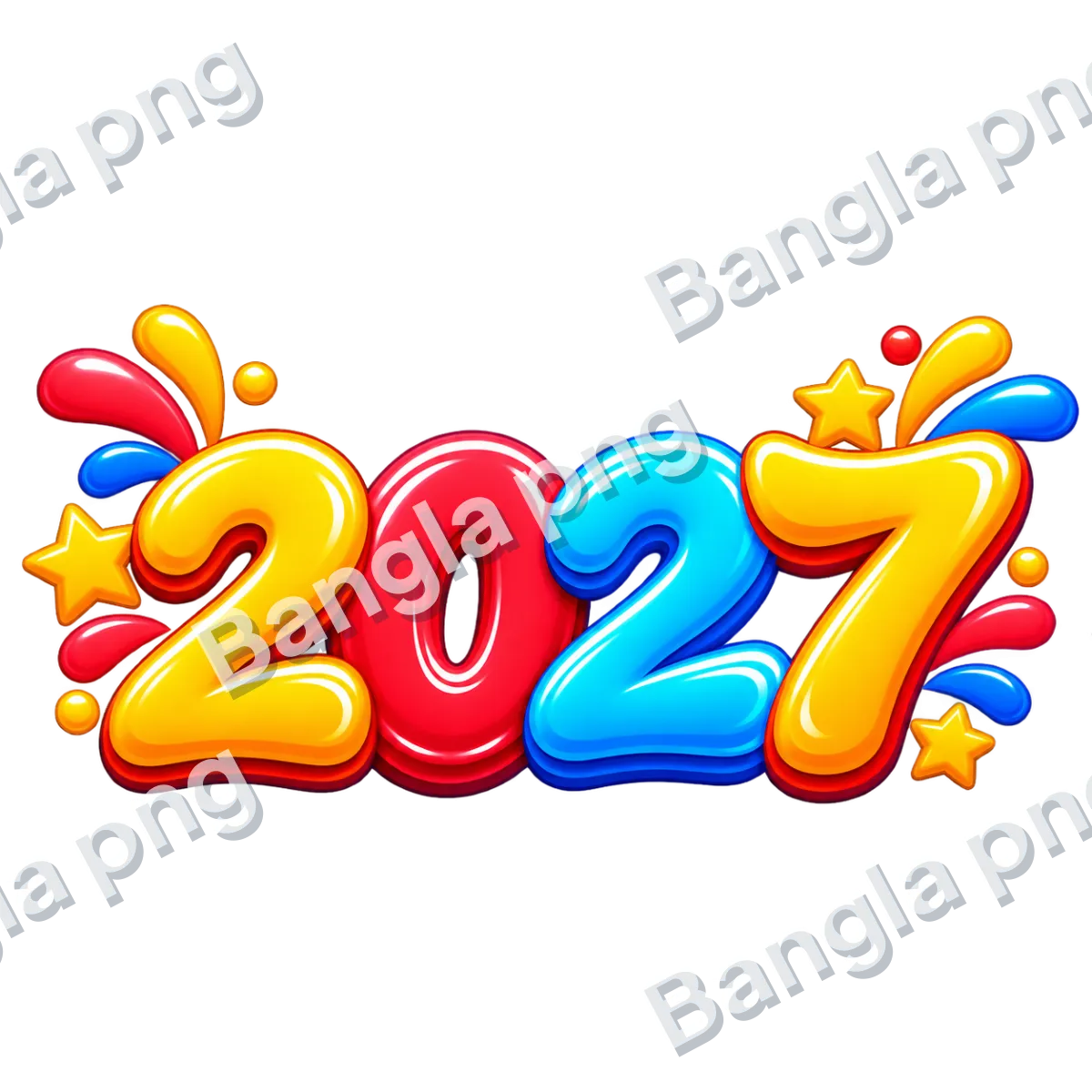 Colorful 3D 2027 numbers PNG with glossy yellow red and blue digits, decorative stars, and festive splash elements on a transparent background.