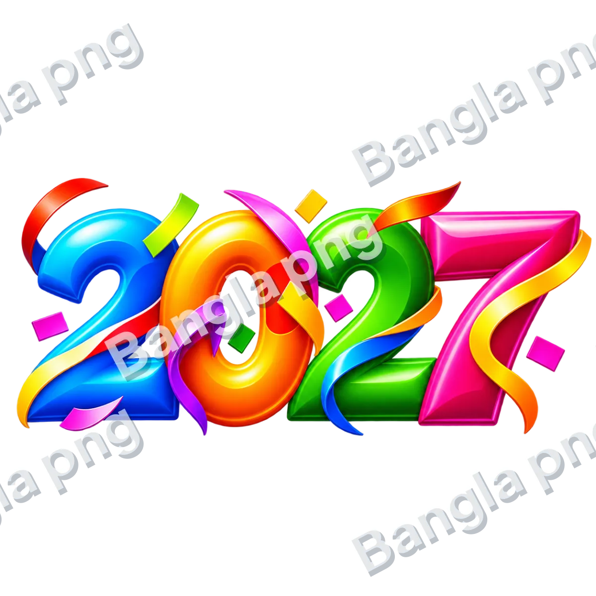 Colorful glossy 3D 2027 numbers PNG with blue, orange, green, and pink digits, decorative ribbons, and confetti on a transparent background.