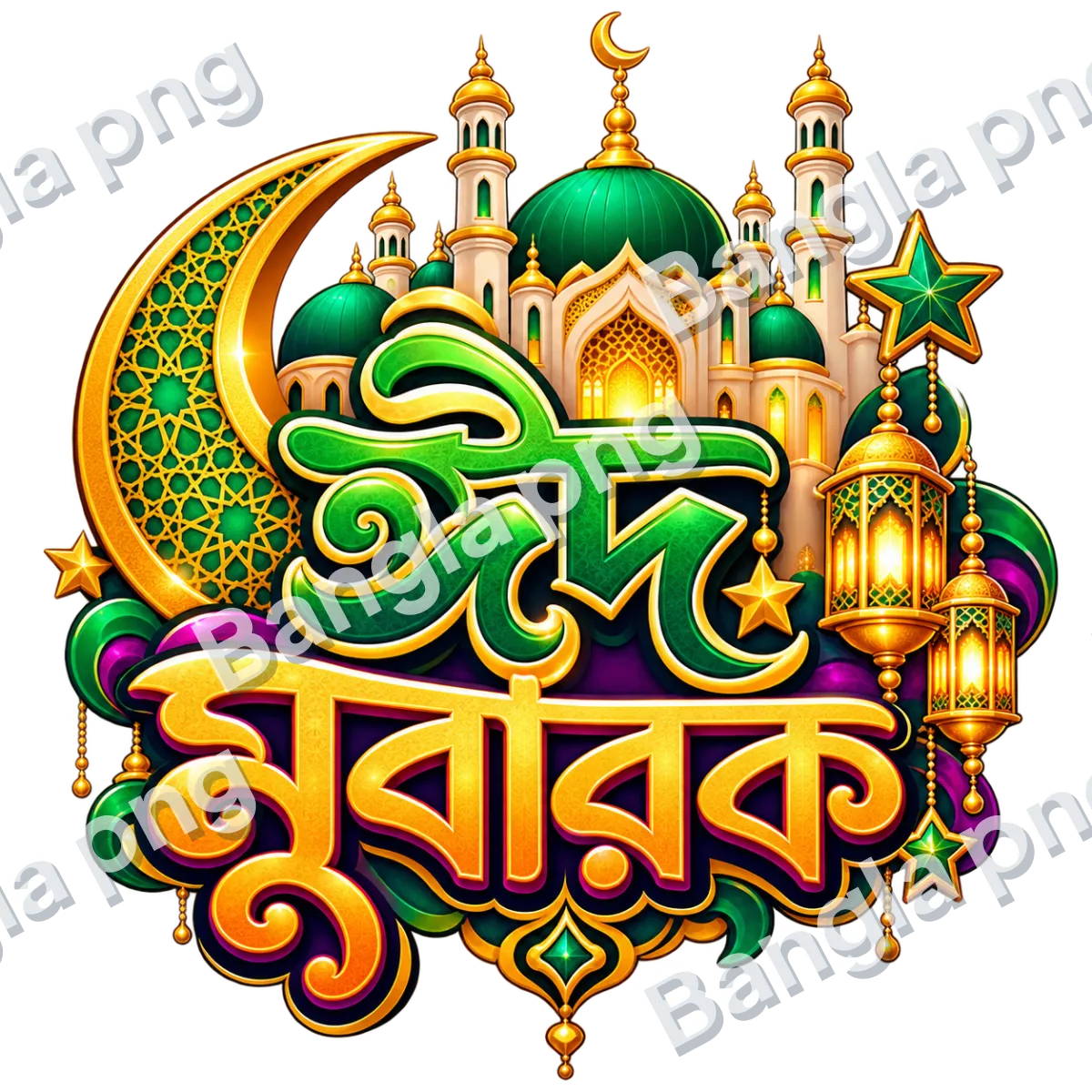 Eid Mubarak Bengali typography PNG with green and gold mosque, decorative crescent moon, stars, and glowing lanterns on a transparent background.