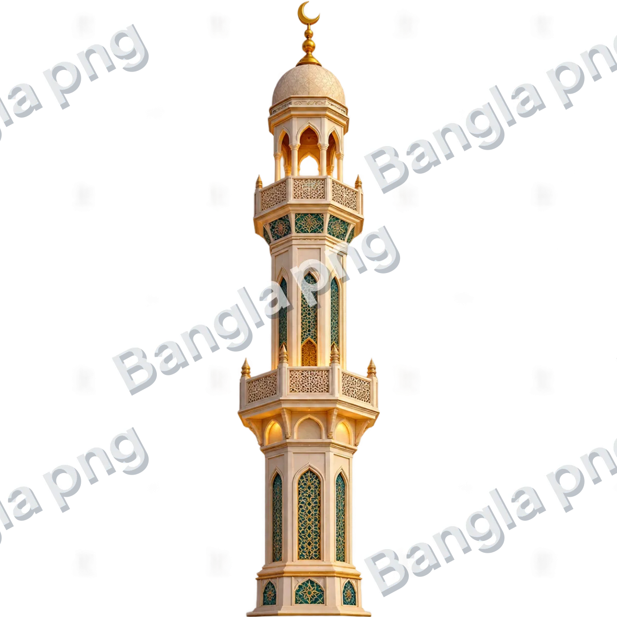 Golden mosque minaret PNG with crescent moon, intricate Islamic geometric patterns, and cream and teal architectural details.