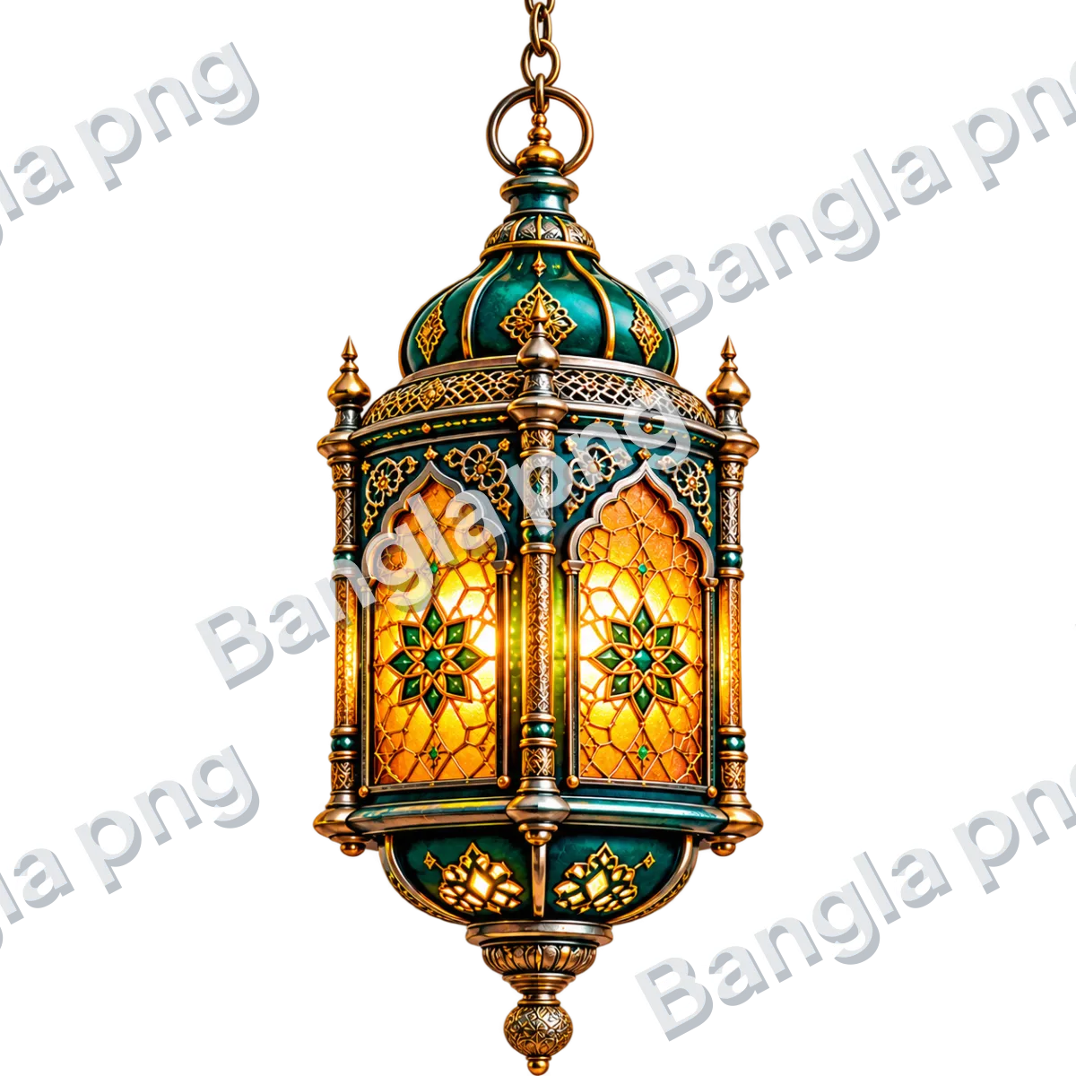 Emerald green and gold Islamic lantern PNG with ornate metalwork and glowing amber geometric glass panels.