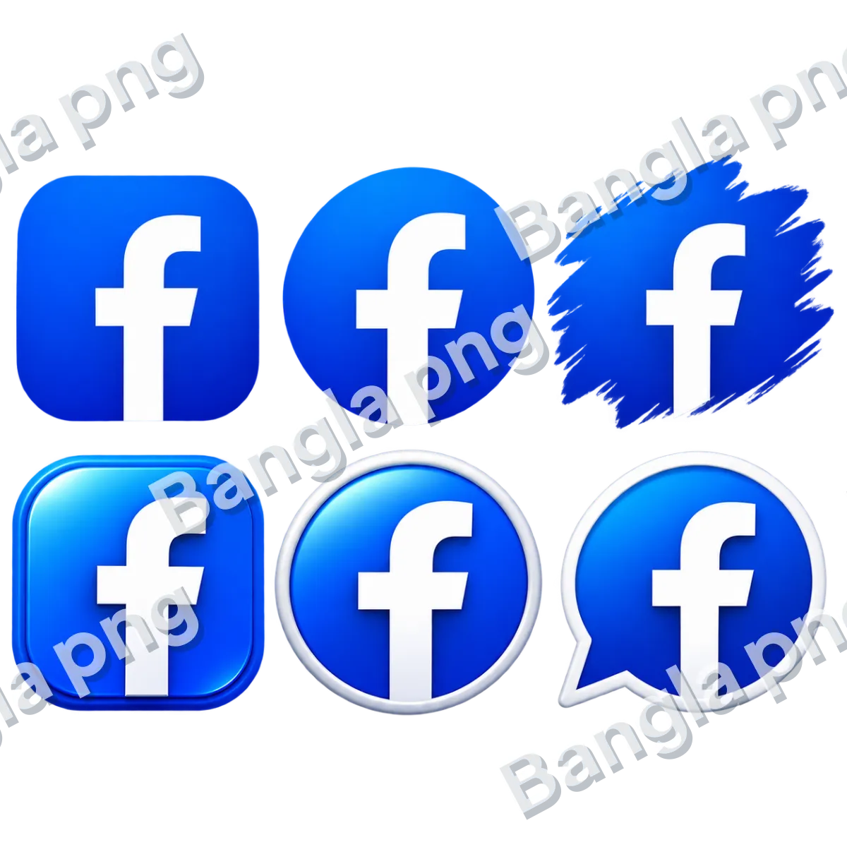 Six Facebook logo PNG icons featuring blue square, circular, glossy 3D, and creative brush-style designs on a transparent background.