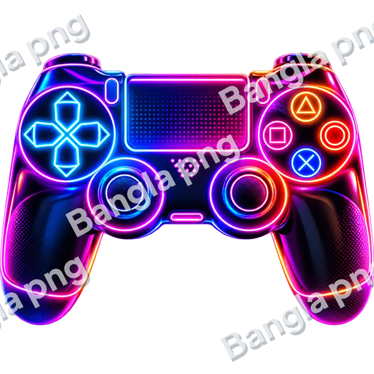 Neon RGB gaming controller PNG with glowing blue, pink, purple, and orange lights on a transparent background.