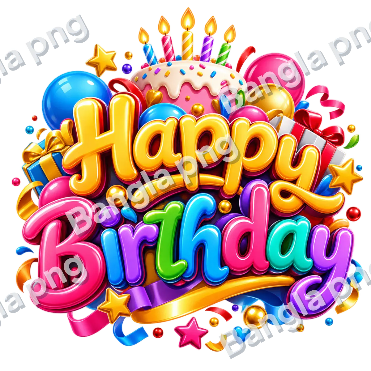 Colorful Happy Birthday 3D PNG with glossy multicolor lettering, balloons, birthday cake, candles and transparent background.