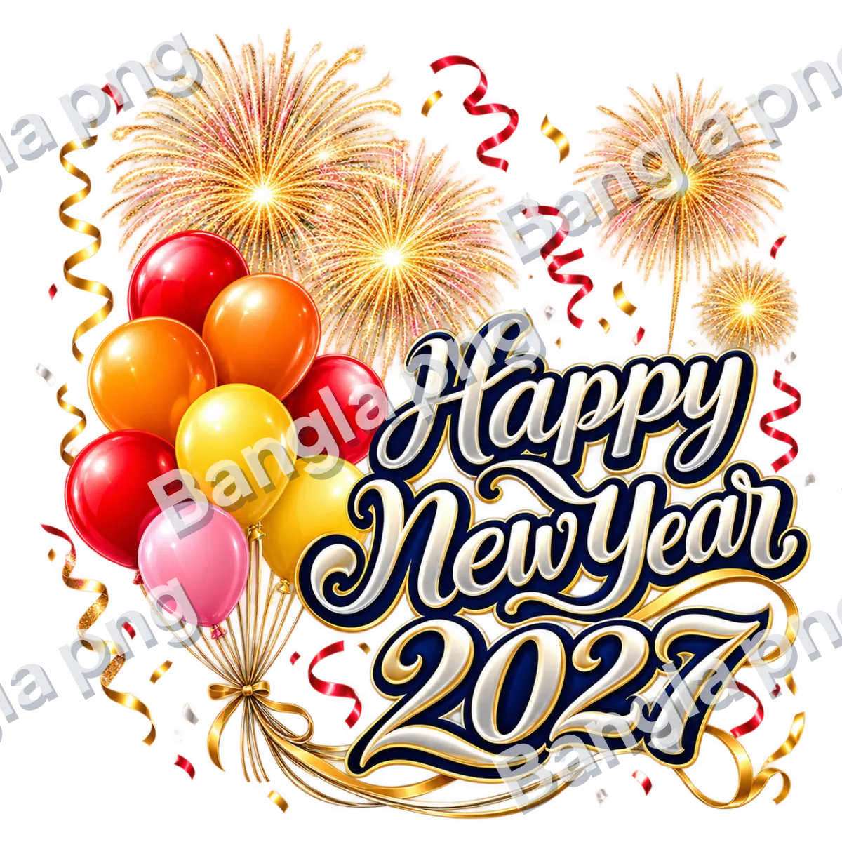 Happy New Year 2027 transparent PNG featuring colorful red, orange, gold, and pink balloons with golden fireworks and elegant decorative lettering.