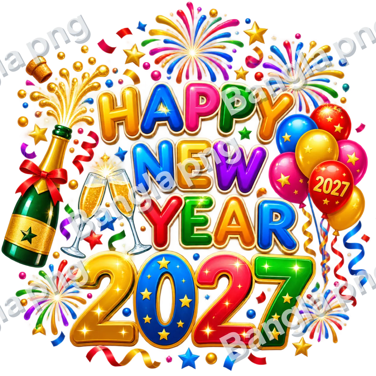 Happy New Year 2027 PNG with colorful 3D text, golden champagne bottle, balloons, fireworks, and confetti on a transparent background.