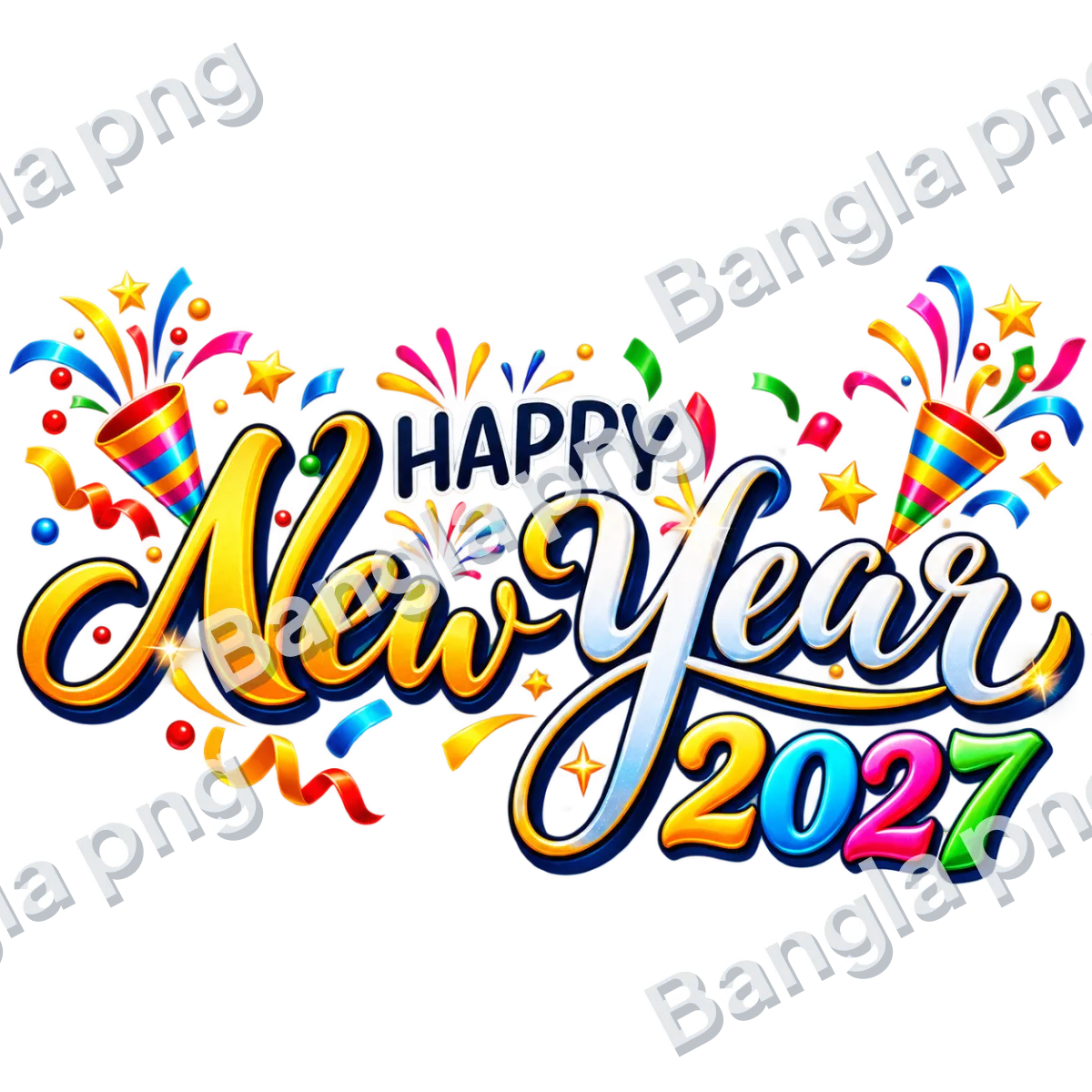 Happy New Year 2027 colorful 3D typography PNG with golden and silver lettering, multicolor numbers, fireworks, party poppers, confetti, and transparent background.