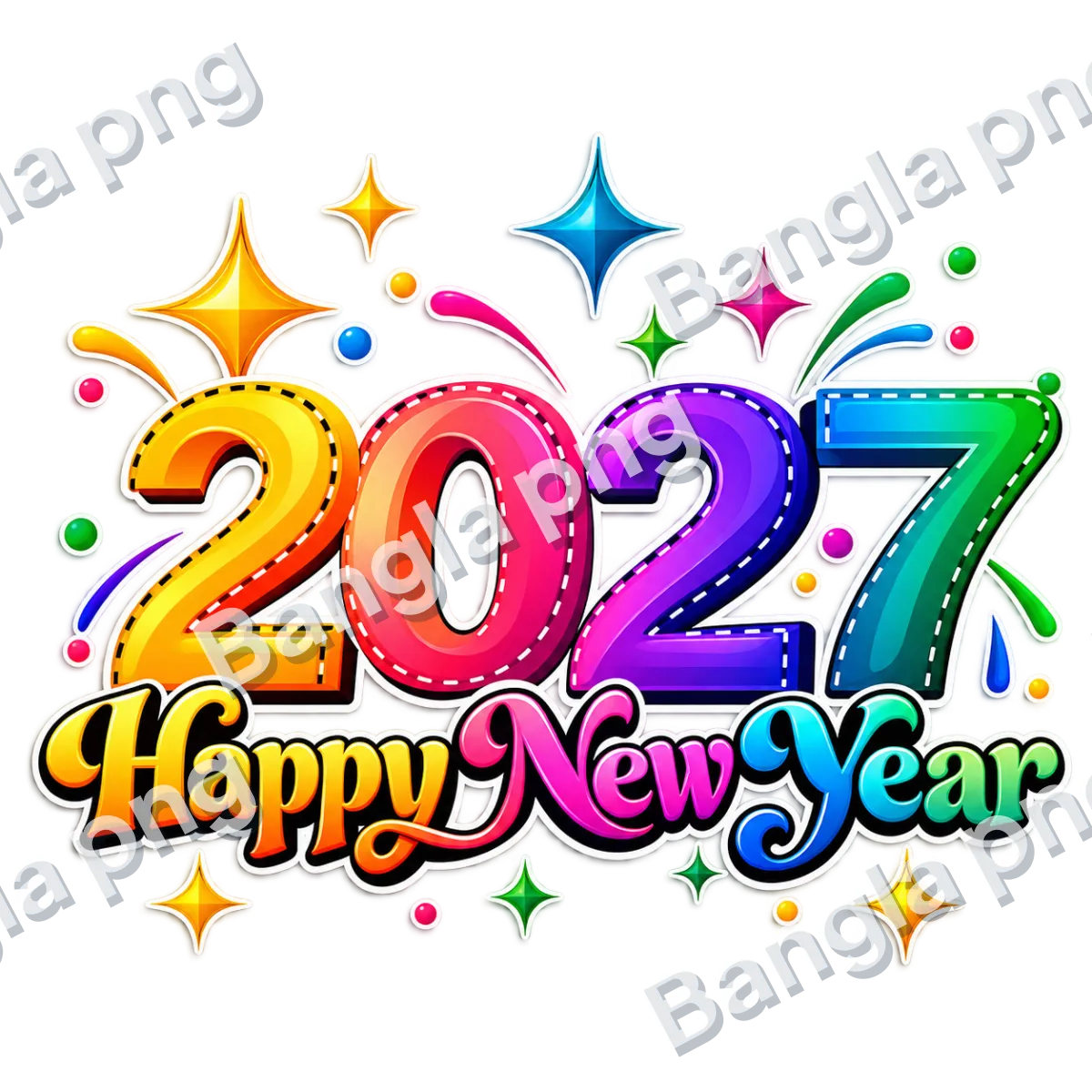 Happy New Year 2027 colorful 3D typography PNG with gradient numbers, decorative stars, and transparent background.