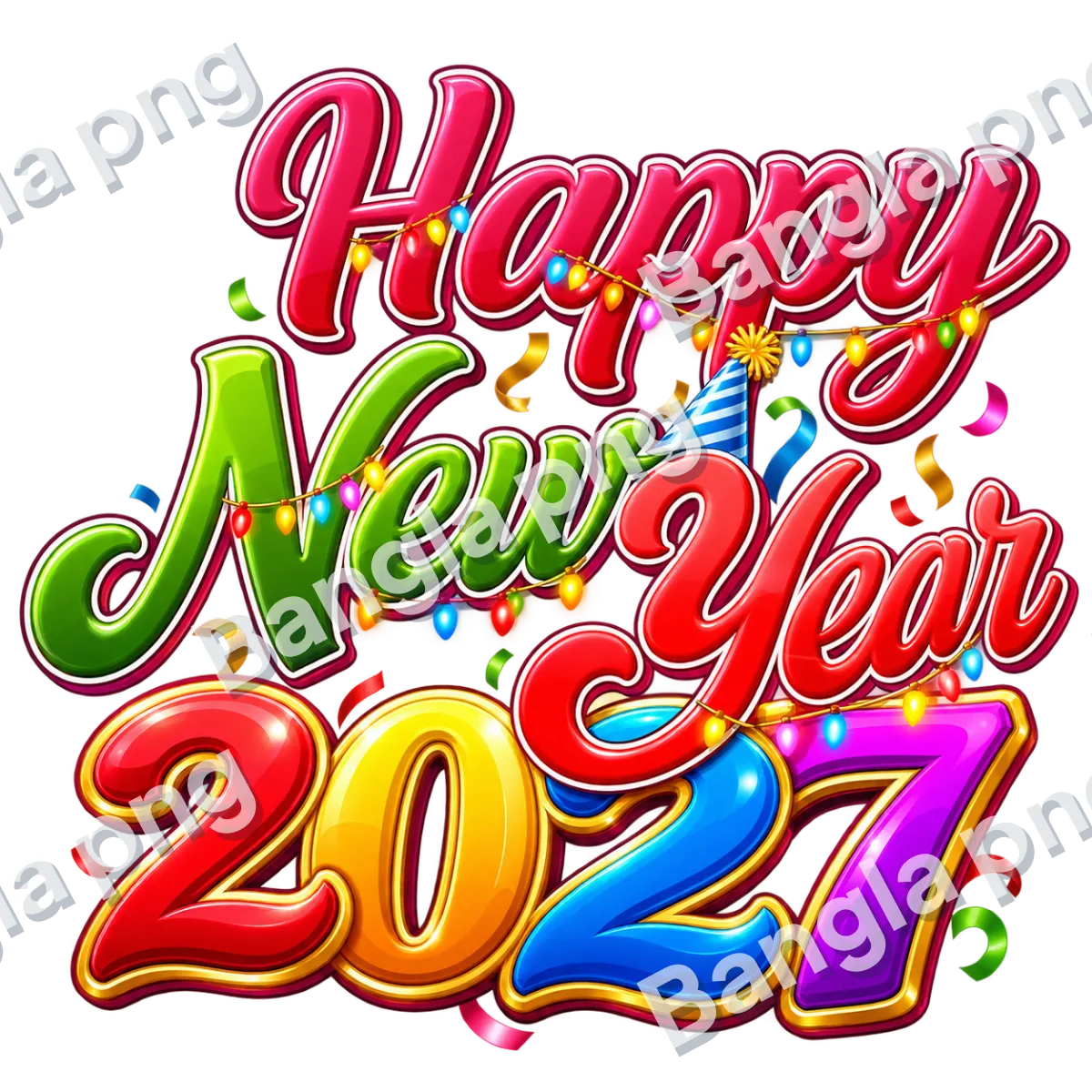 Happy New Year 2027 colorful 3D typography PNG with glossy red, green, gold, blue, and purple lettering, festive lights, confetti, and transparent background.