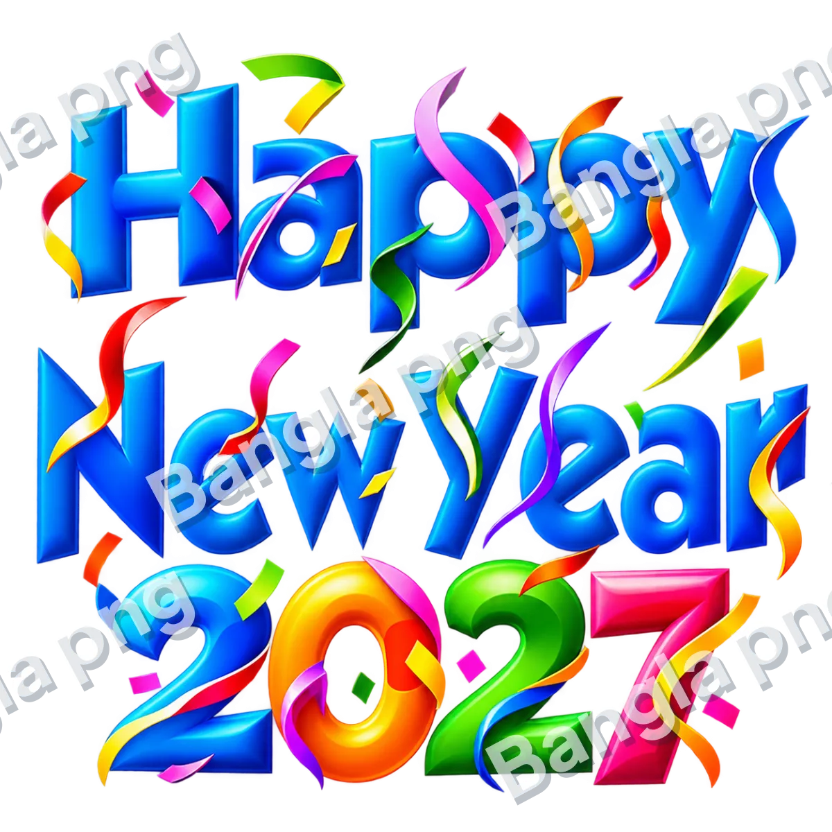 Happy New Year 2027 colorful 3D text PNG with blue letters and multicolored festive ribbons on a transparent background