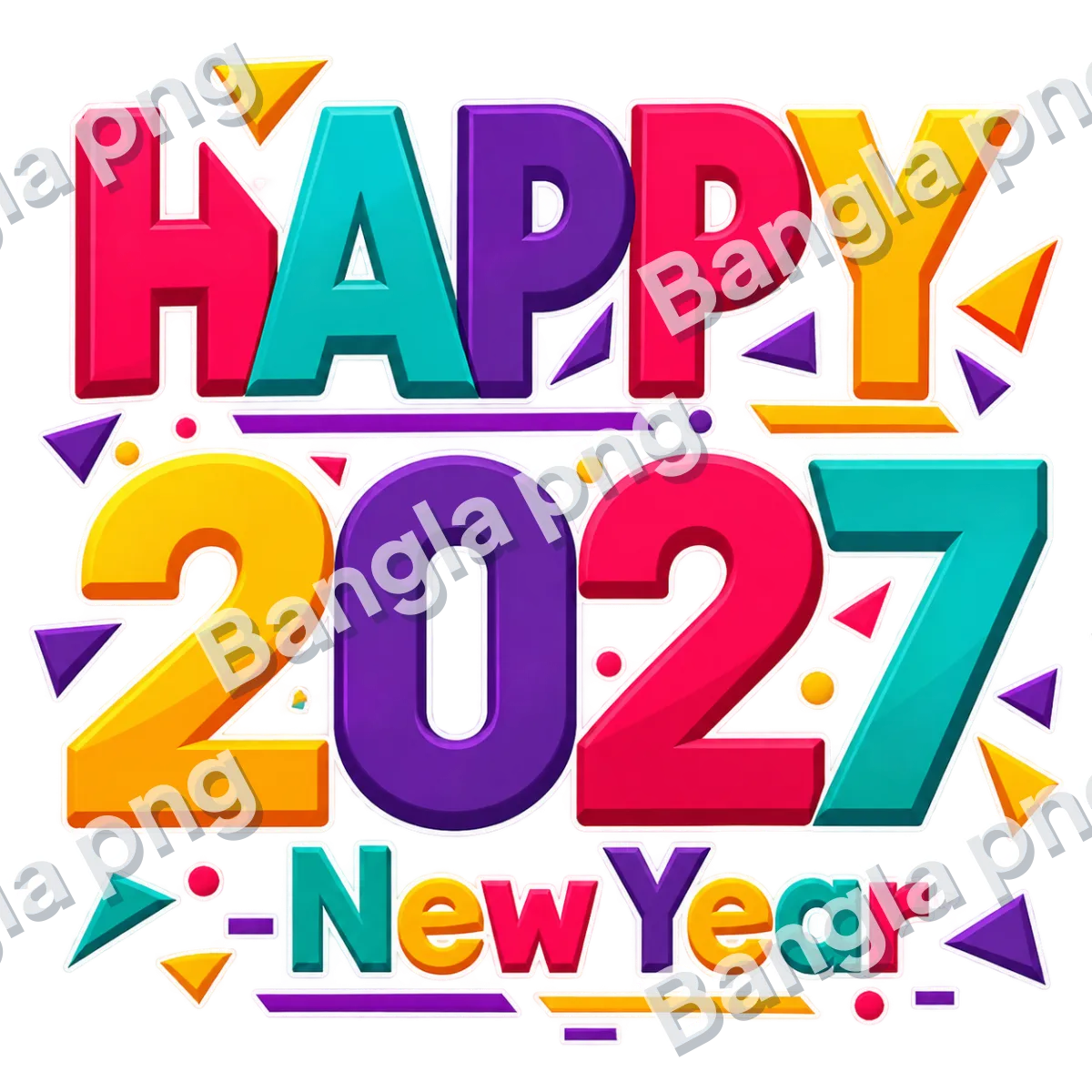 Happy New Year 2027 colorful 3D typography PNG with pink, yellow, purple, and teal letters on a transparent background.