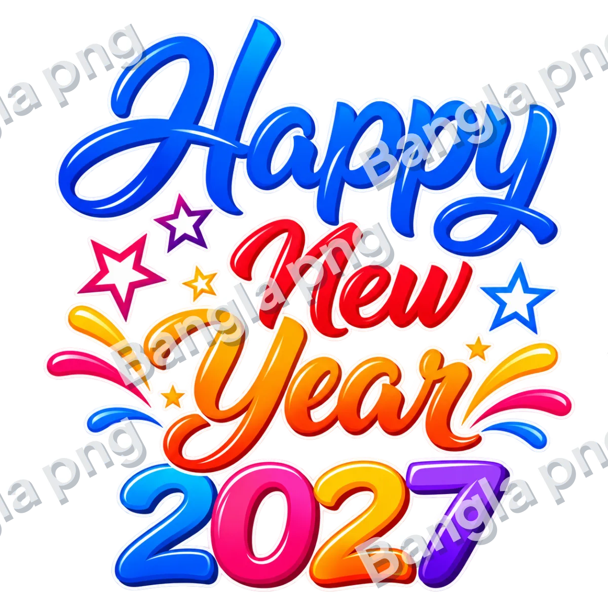 Happy New Year 2027 colorful typography PNG with blue, red, orange and purple lettering and decorative stars on a transparent background.