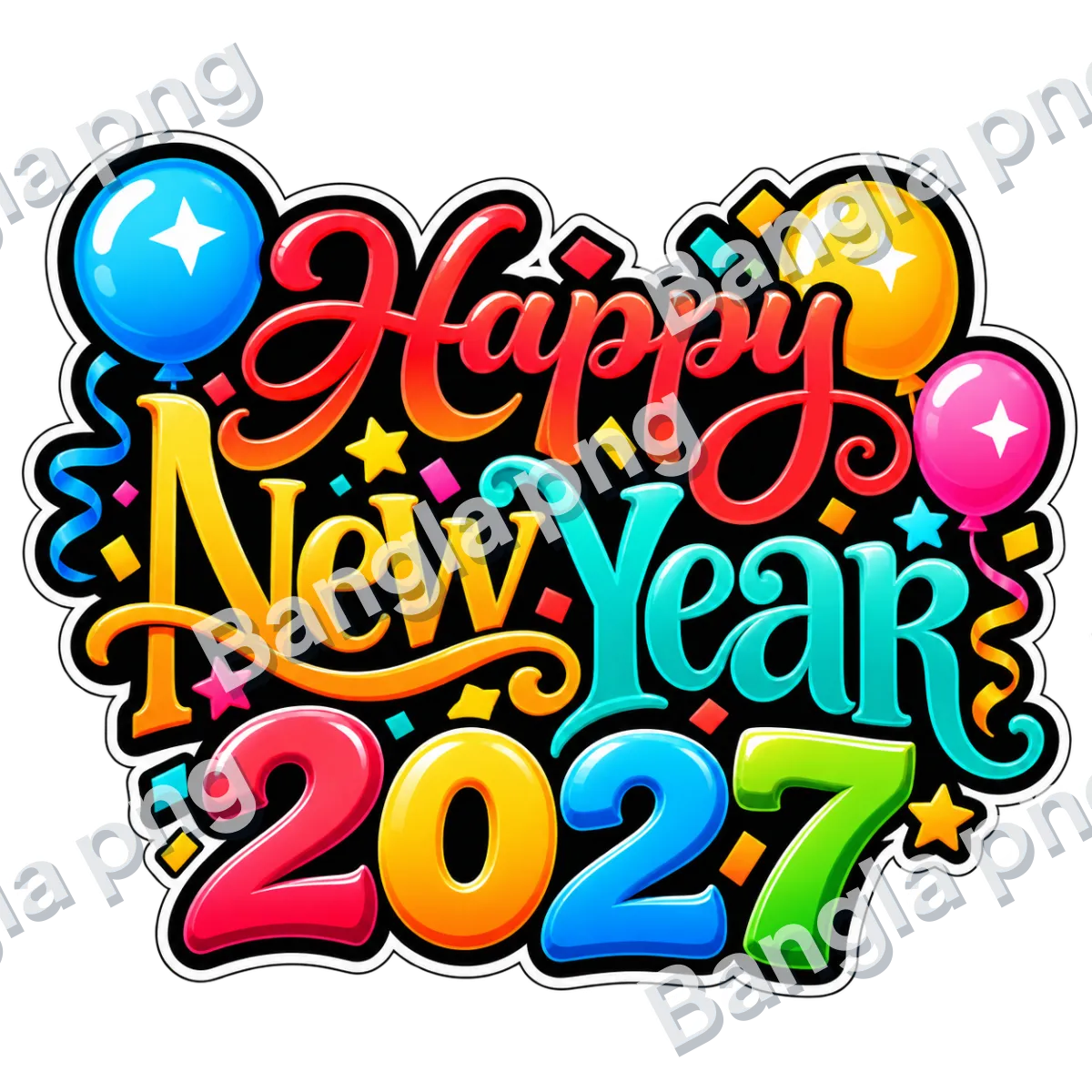 Happy New Year 2027 colorful 3D typography PNG with balloons, stars, confetti, and transparent background