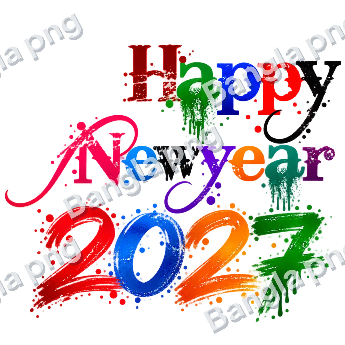 Happy New Year 2027 colorful typography PNG with multicolor letters, grunge paint splashes, artistic brush strokes, and transparent background.