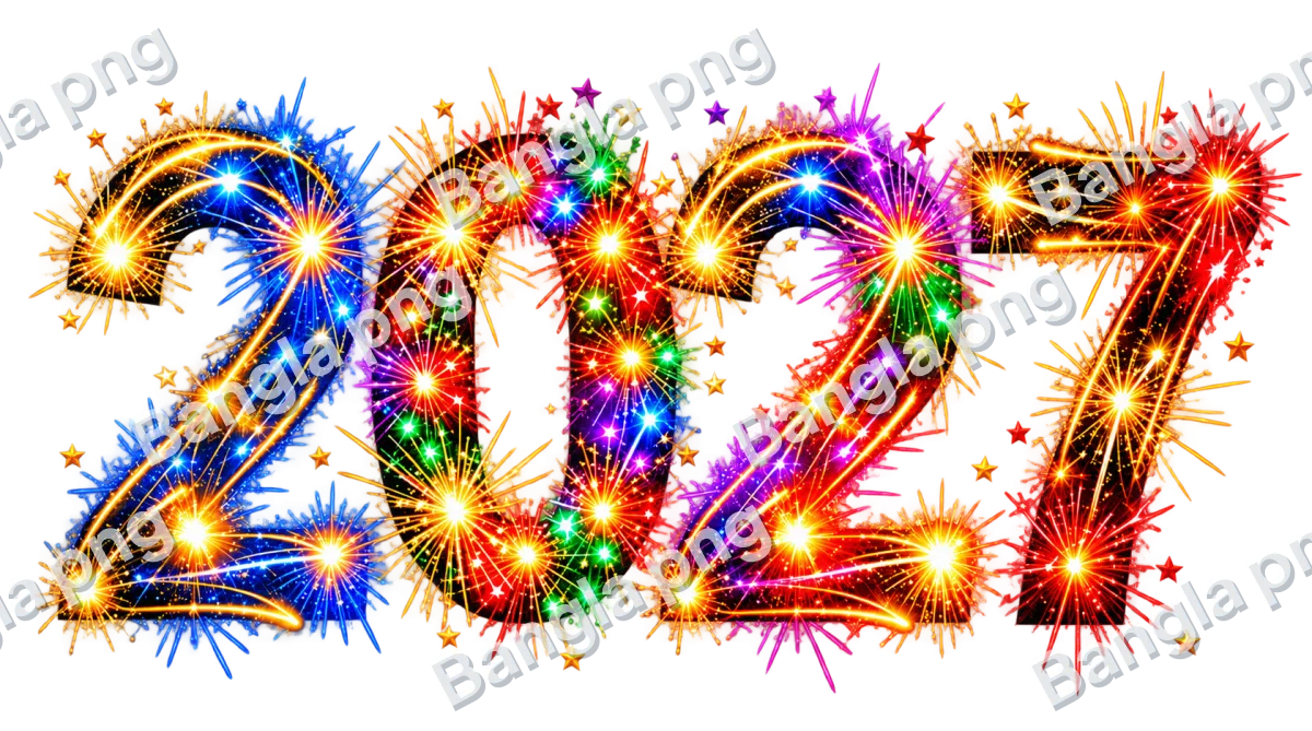 Happy New Year 2027 PNG with colorful fireworks, golden sparkling lights, rainbow effects, and transparent background.