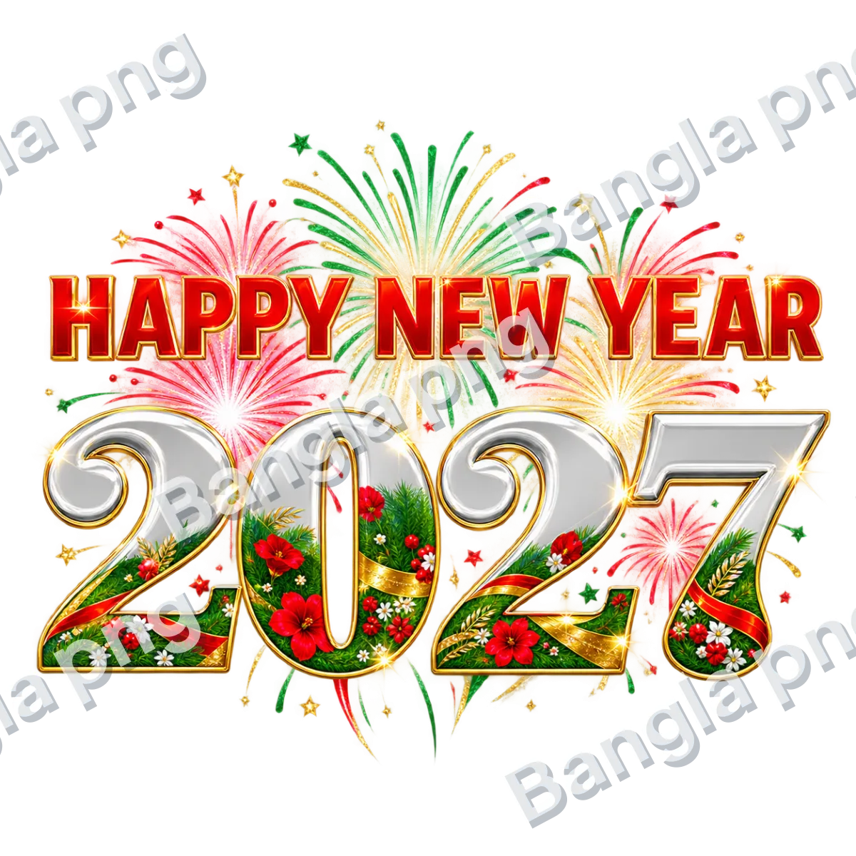 Happy New Year 2027 PNG with silver 3D numbers, red flowers, green leaves, golden ribbons, and colorful fireworks on a transparent background.