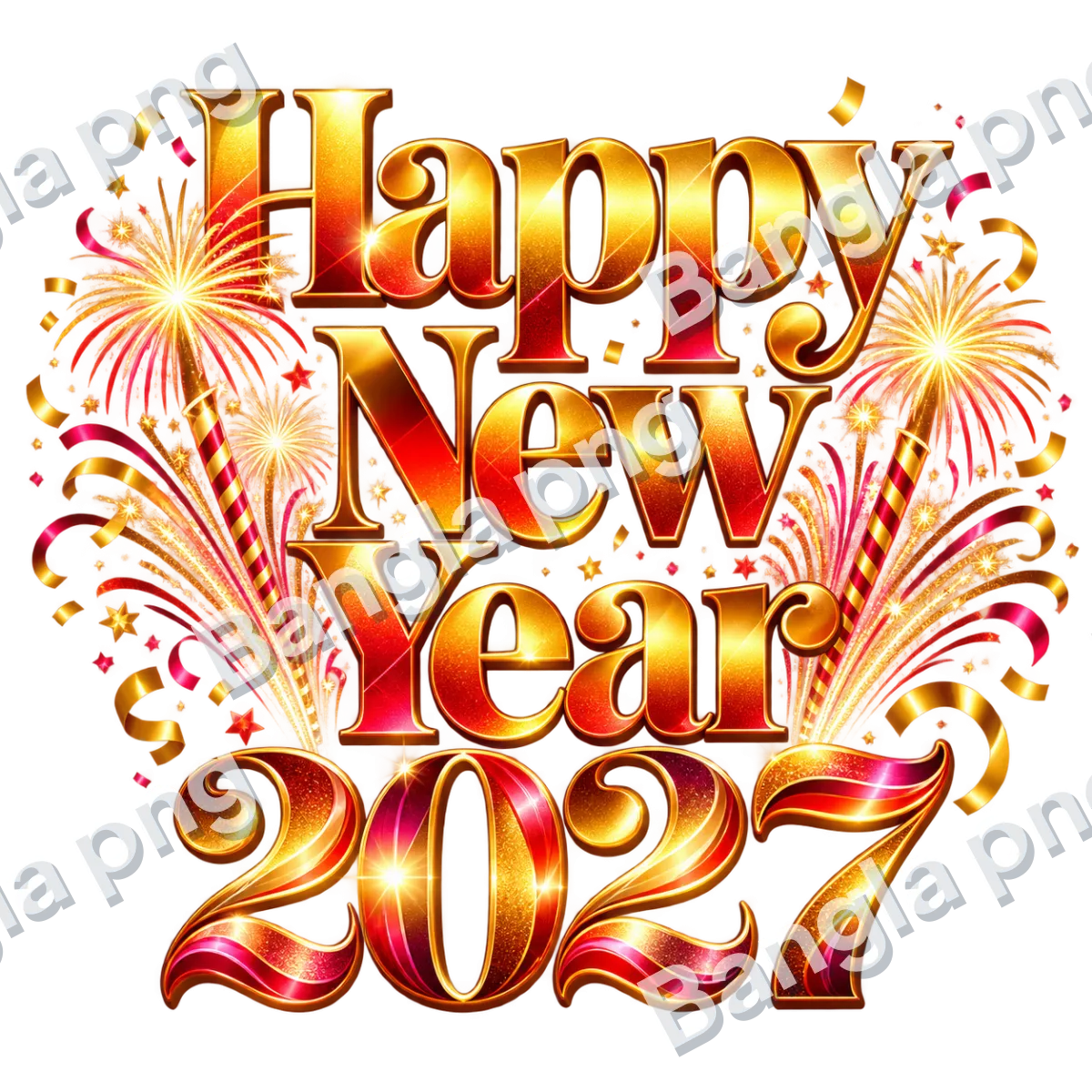 Happy New Year 2027 gold and red 3D typography PNG with sparkling fireworks, confetti, ribbons, and transparent background.