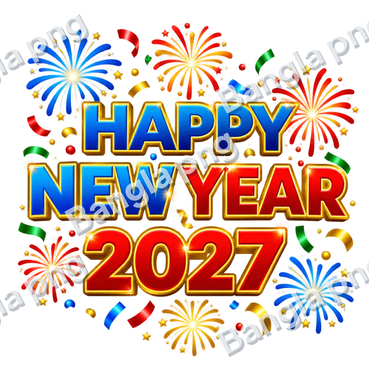 Happy New Year 2027 PNG with blue and red lettering, golden outlines, colorful fireworks, stars, and festive confetti on a transparent background.