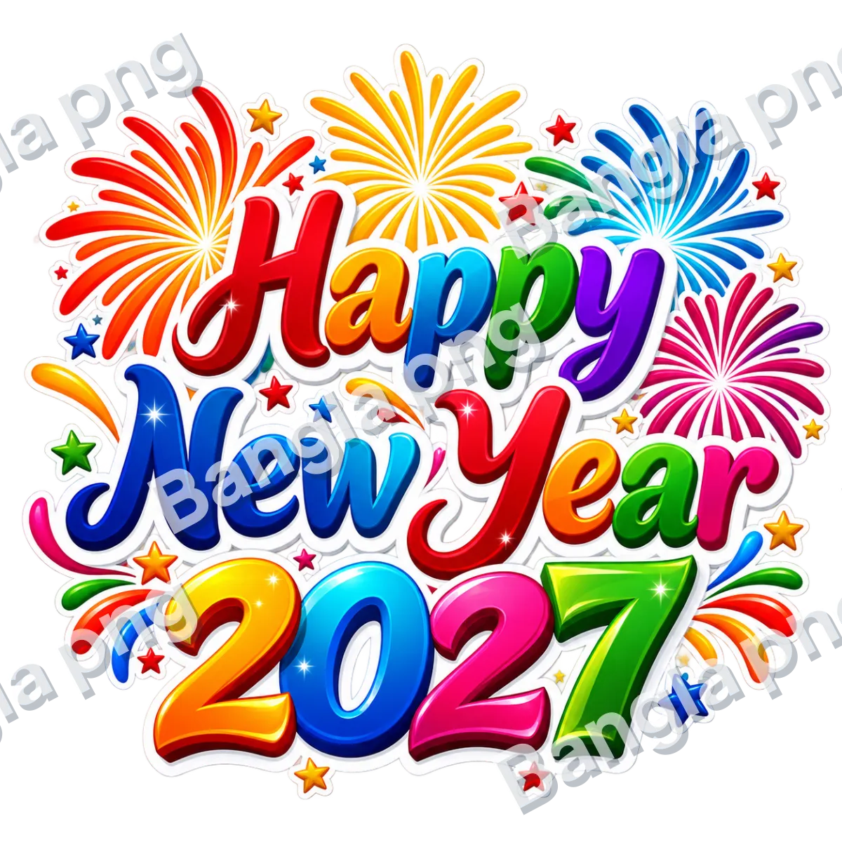 Happy New Year 2027 PNG with colorful 3D text, vibrant fireworks, stars, and transparent background.