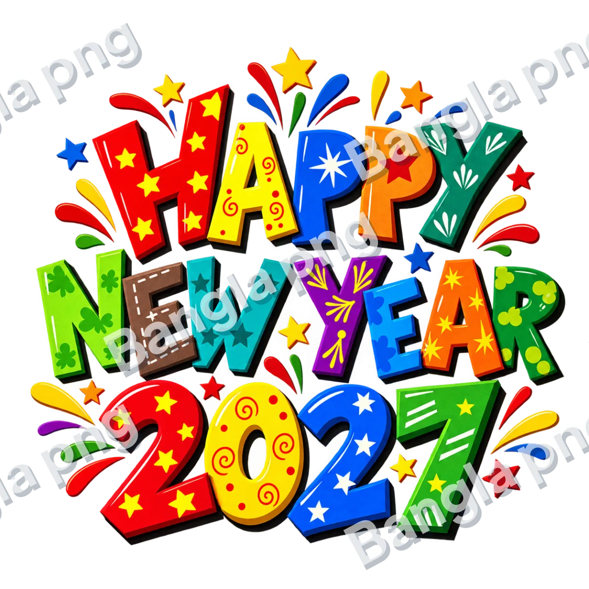 Colorful Happy New Year 2027 PNG with vibrant 3D typography, decorative stars, festive fireworks, and transparent background.