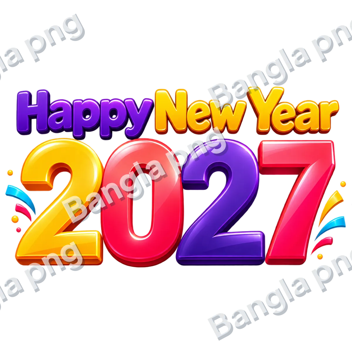 Happy New Year 2027 colorful 3D typography PNG with golden, red, purple, and pink numbers on a transparent background.