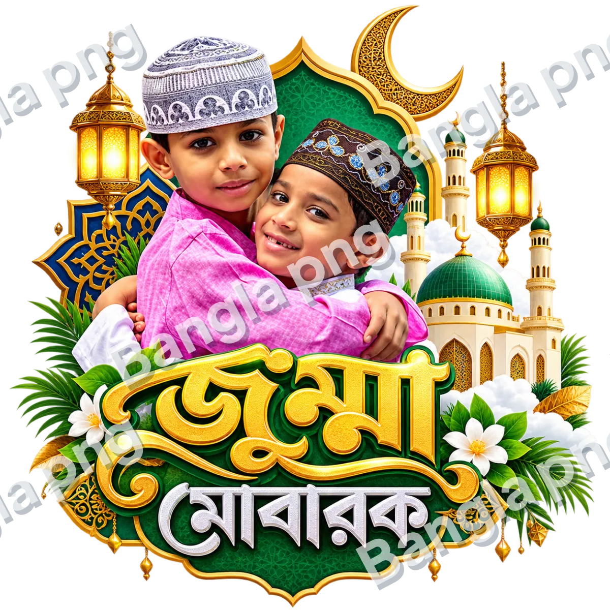 Jumma Mubarak Islamic PNG with two Muslim boys hugging, golden mosque, crescent moon, and green golden decorations on a transparent background.