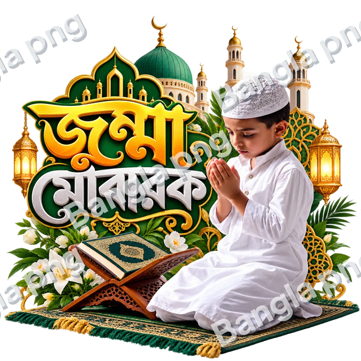 Jumma Mubarak Islamic PNG with a Muslim boy making dua, green mosque, Quran, golden lanterns, and Bengali calligraphy.