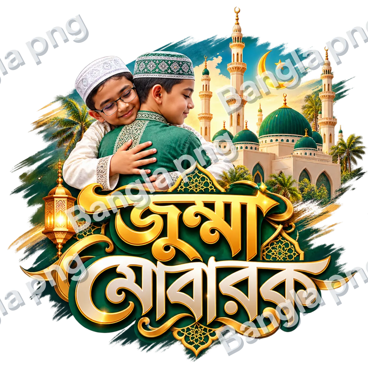 Jumma Mubarak Islamic PNG featuring two Muslim boys embracing, an emerald green mosque with golden minarets, crescent moon, glowing lantern, and decorative Bengali calligraphy.