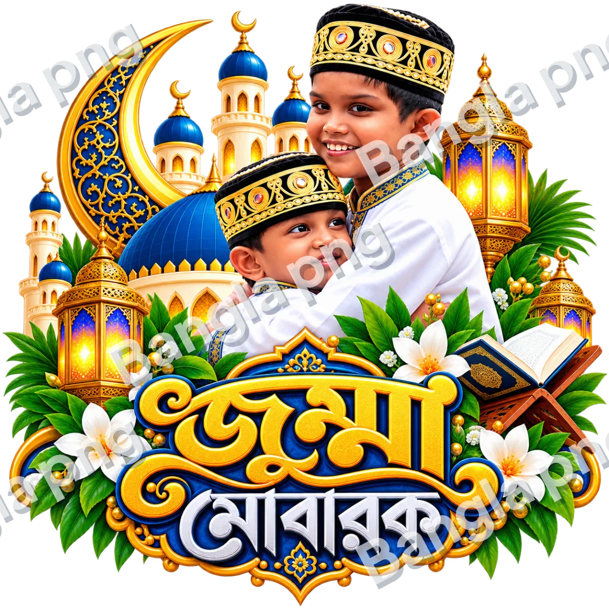 Jumma Mubarak PNG featuring two Muslim boys hugging, blue mosque, golden crescent moon, Islamic lanterns, Quran, and floral decorations on a transparent background.