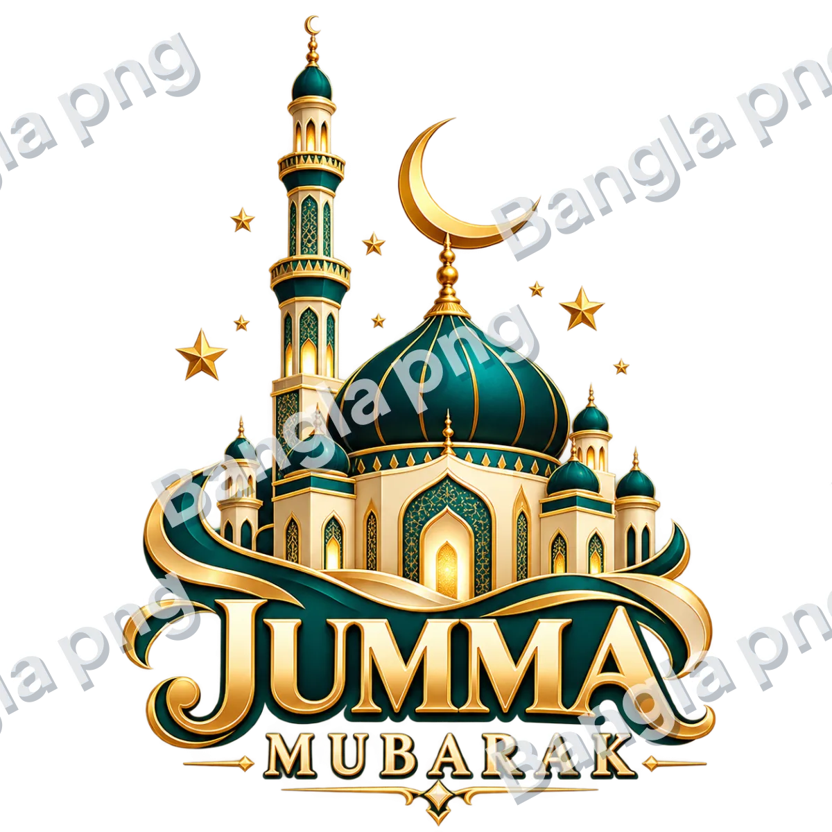 Jumma Mubarak Islamic PNG featuring an emerald teal mosque with golden domes, decorative minarets, crescent moon, golden stars, and luxury 3D typography on a transparent background.