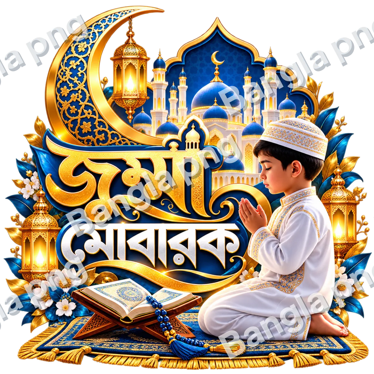 Blue and gold Jumma Mubarak PNG with Bengali Islamic calligraphy, mosque, crescent moon, golden lanterns, open Quran, and praying Muslim boy.