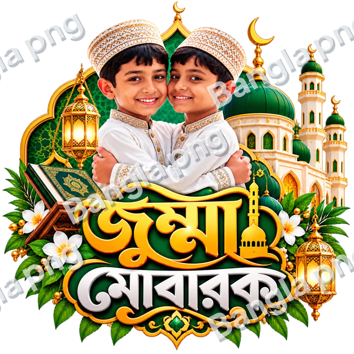 Jumma Mubarak PNG featuring two smiling Muslim boys in white Islamic clothing embracing in front of a green and golden mosque with Quran and lantern decorations.