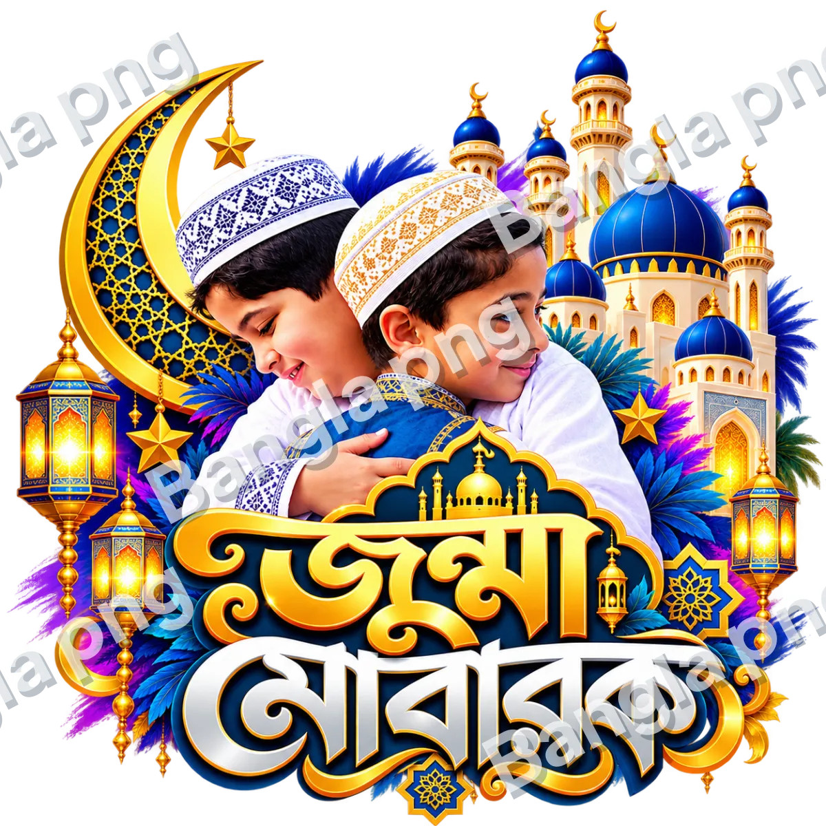 Jumma Mubarak Islamic PNG featuring two Muslim boys embracing, blue mosque domes, golden minarets, crescent moon, glowing lanterns, and Bengali golden calligraphy on a transparent background.