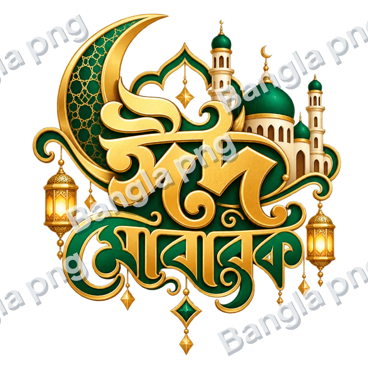 Premium Bengali Eid Mubarak typography PNG with gold lettering, emerald green Islamic crescent moon, mosque domes, and decorative lanterns.
