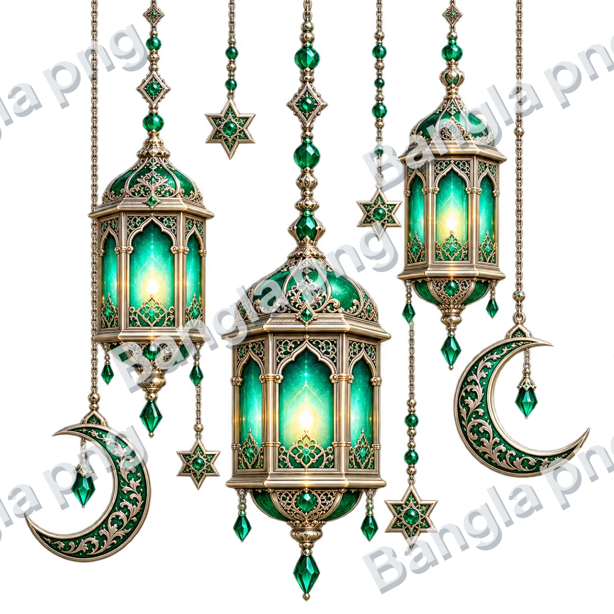 Emerald green and golden Islamic lantern PNG with three hanging Ramadan lanterns, crescent moons, and decorative stars.