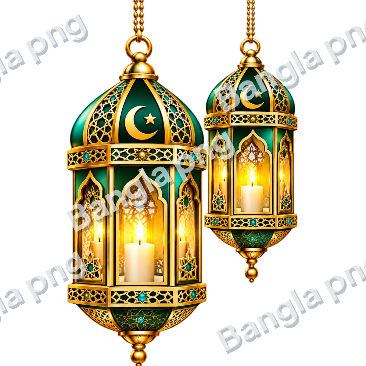 Two green and gold Islamic lanterns with crescent moons, stars, intricate patterns, and glowing candles PNG.