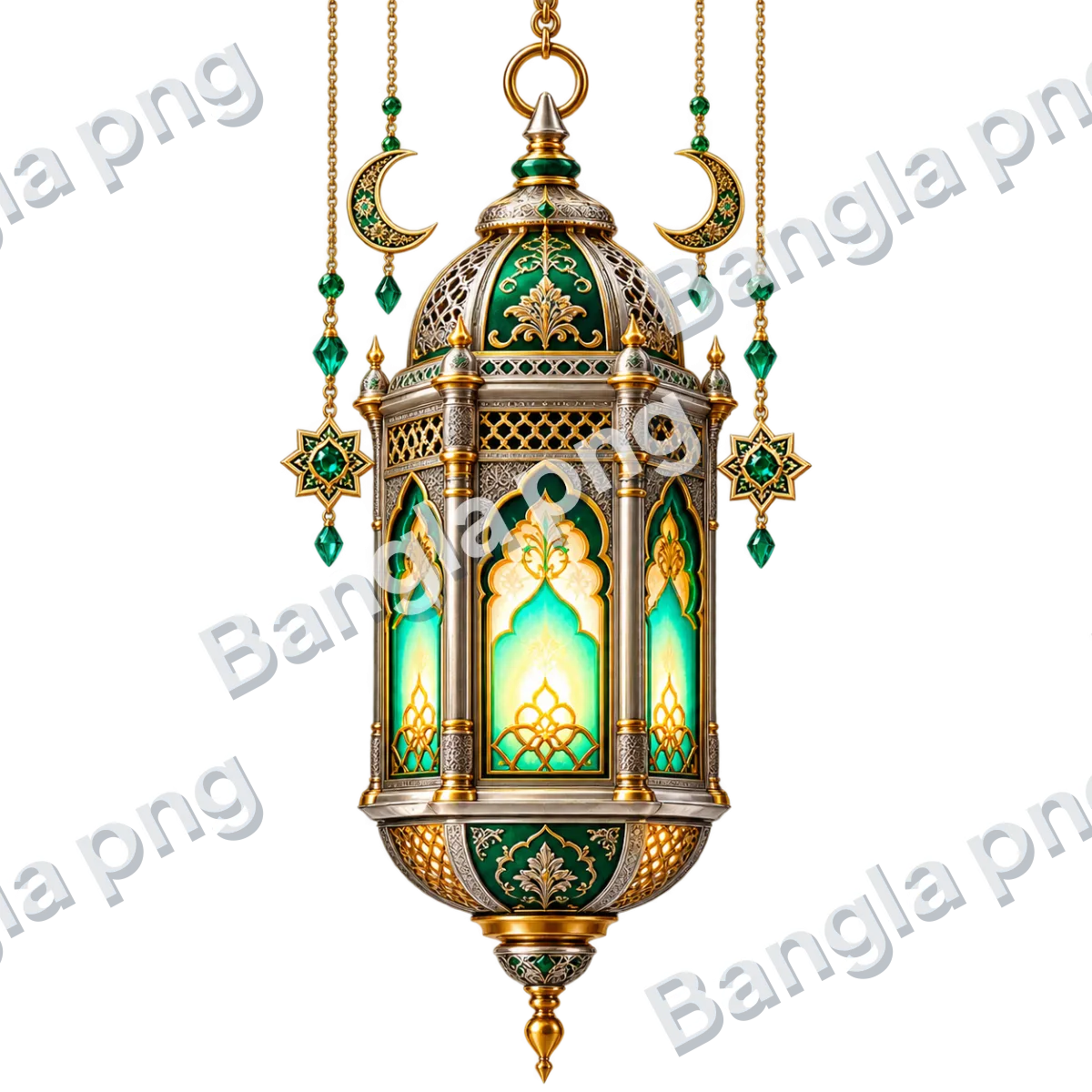 Gold and emerald green Islamic Ramadan lantern PNG with turquoise glowing glass, crescent moons, and ornate geometric decorations on a transparent