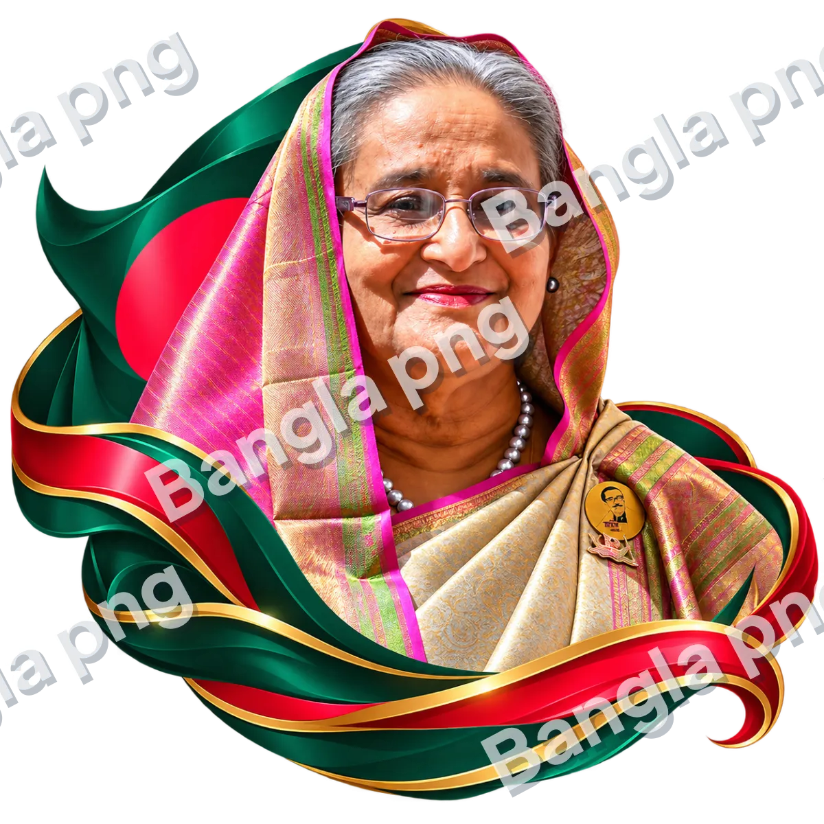 Sheikh Hasina portrait wearing a traditional saree with green and red Bangladesh flag-inspired ribbons.