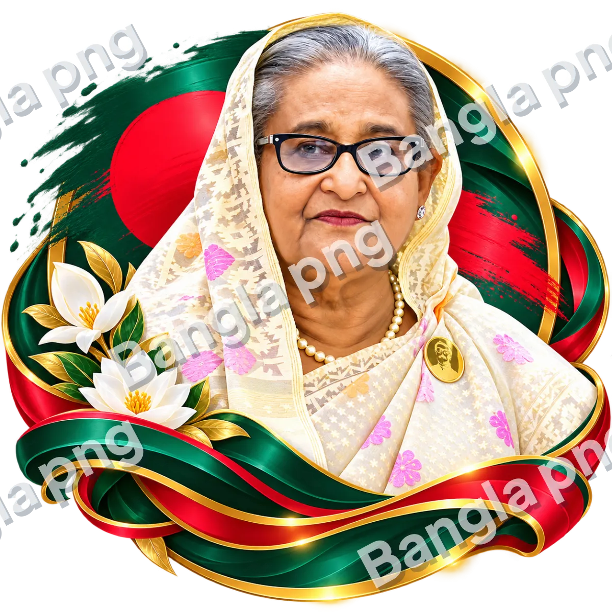 Sheikh Hasina wearing an ivory saree with gold details, white flowers, and green and red Bangladesh flag-inspired ribbons.