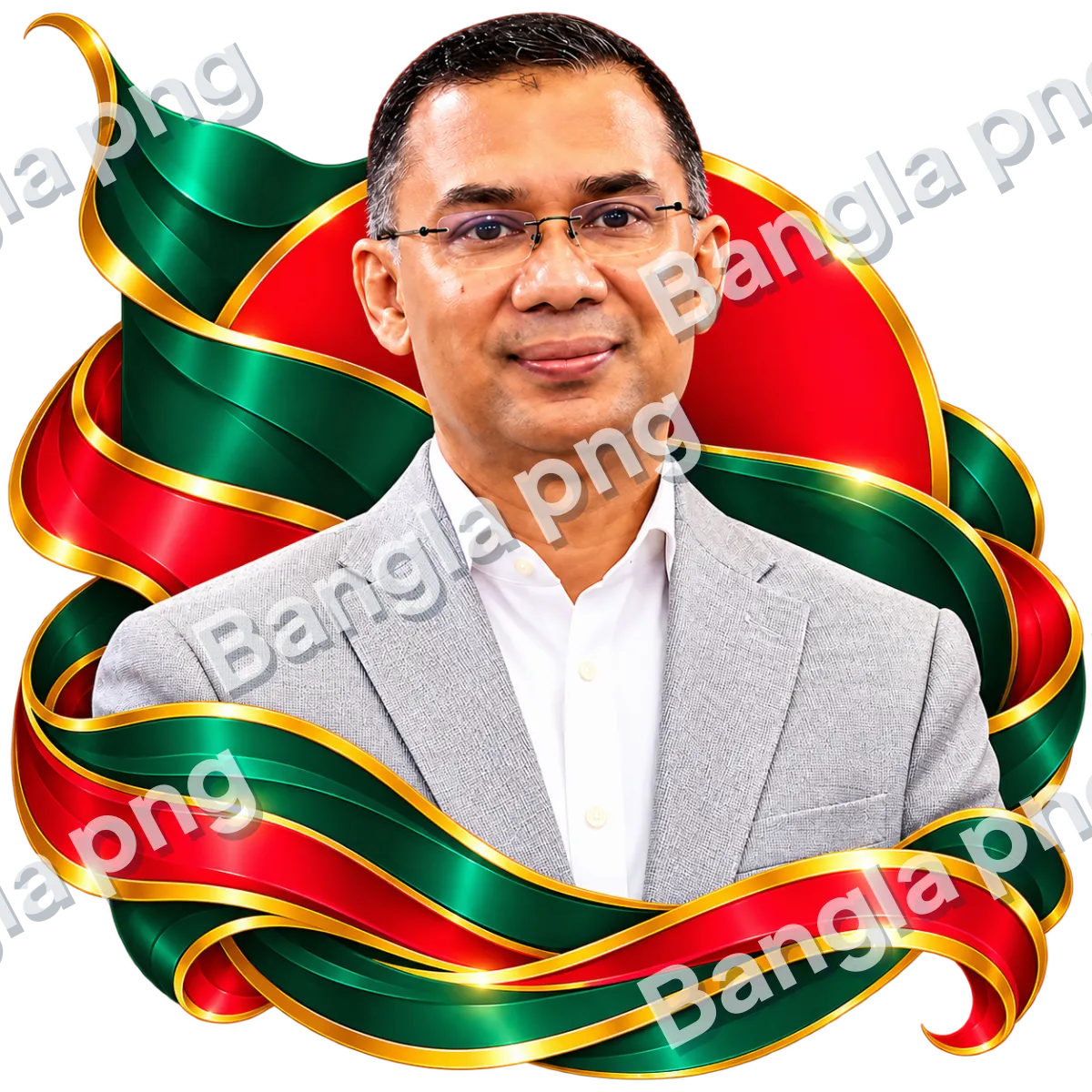 Tarique Rahman wearing a light gray blazer and white shirt, framed by green and red ribbons with gold trim.