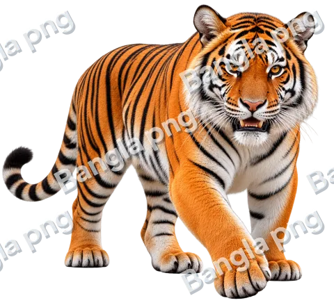 Realistic Bengal tiger PNG with orange fur, black stripes, amber eyes, and isolated transparent background.