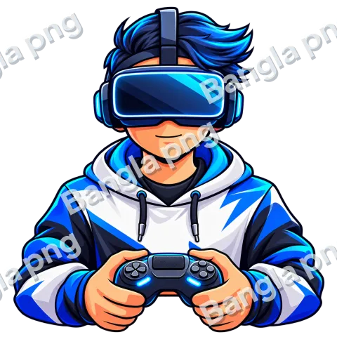 Blue and white VR gamer character wearing a virtual reality headset and holding a gaming controller PNG with transparent background.