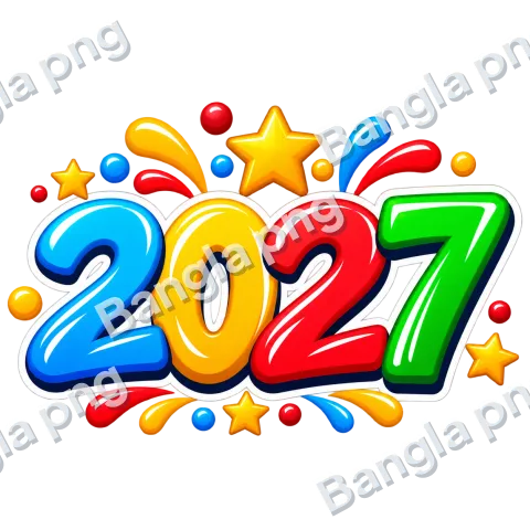 Colorful glossy 3D 2027 numbers PNG with blue, yellow, red, and green digits, golden stars, and festive decorations on a transparent background.