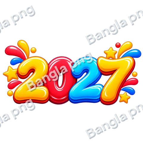 Colorful 3D 2027 numbers PNG with glossy yellow red and blue digits, decorative stars, and festive splash elements on a transparent background.