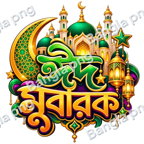 Eid Mubarak Bengali typography PNG with green and gold mosque, decorative crescent moon, stars, and glowing lanterns on a transparent background.